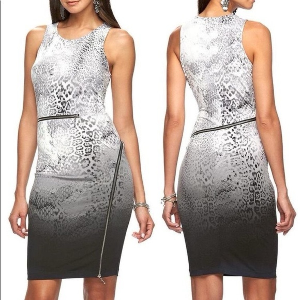 NWT Jennifer Lopez Black White Gray Ombre Leopard Print‎ Zipper Dress 8